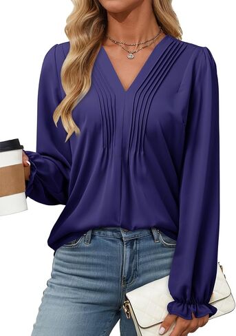 Dokotoo Womens Tops عارضة مطوية الخامس Vuff Puff Long Sleve Thirts Lourd Tunic Bluse in Saudi Arabia