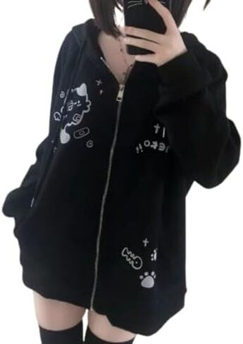 Kawaii Cat Ear Hoodie Y2k Zip Up Harajuku Clothes Cute Graphic Oversized Pullover Sweatshirt Streetwear Jacket in Kuwait