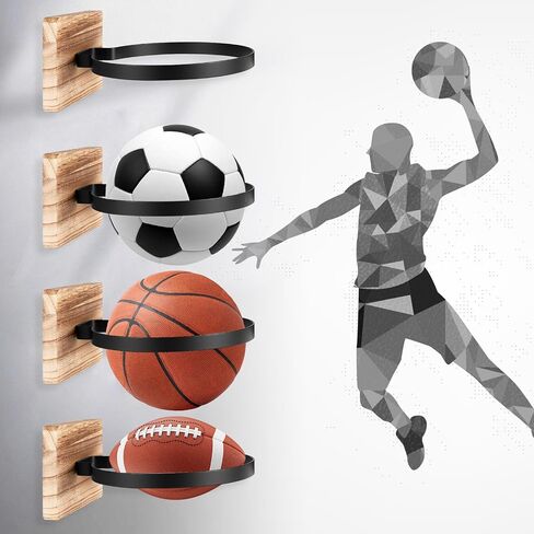 4 Pcs Wall Mount Basketball Holder with Wooden Base, Ball Storage Holders Display Rack for Autograph Basketball, Football, Soccer, Volleyball Collection, Sports Accessories Organizer for Player Fans in Saudi Arabia