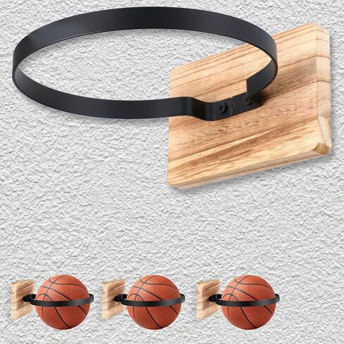 4 Pcs Wall Mount Basketball Holder with Wooden Base, Ball Storage Holders Display Rack for Autograph Basketball, Football, Soccer, Volleyball Collection, Sports Accessories Organizer for Player Fans in Saudi Arabia