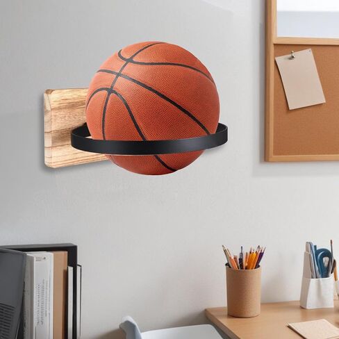 4 Pcs Wall Mount Basketball Holder with Wooden Base, Ball Storage Holders Display Rack for Autograph Basketball, Football, Soccer, Volleyball Collection, Sports Accessories Organizer for Player Fans in Saudi Arabia