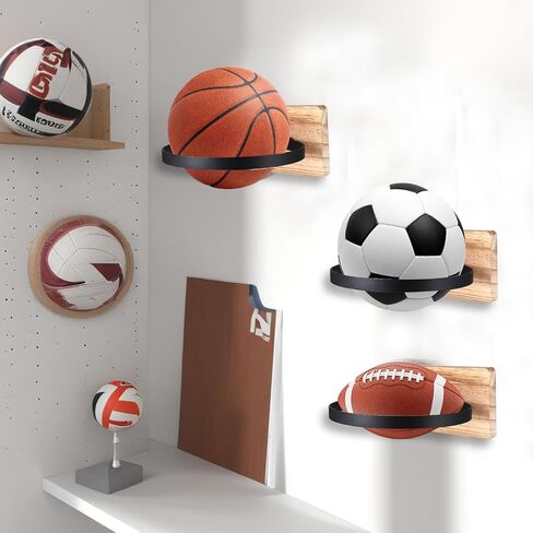 4 Pcs Wall Mount Basketball Holder with Wooden Base, Ball Storage Holders Display Rack for Autograph Basketball, Football, Soccer, Volleyball Collection, Sports Accessories Organizer for Player Fans in Saudi Arabia