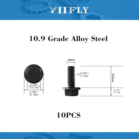 M10 x 25mm Flanged Hex Head Bolts Flange Hexagon Screws, M10x1.5 Bolt, 10.9 Grade Alloy Steel, Hexagon Head Bolts, Black Oxide Finish, Full Thread, Quantity 10 in Saudi Arabia