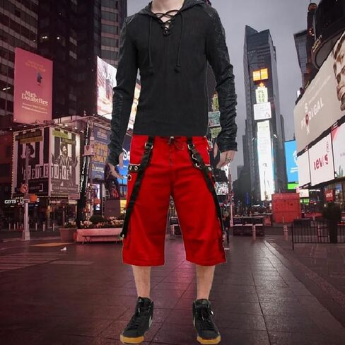 Men’s Goth Short Red Shorts Red Threads Black Straps Punk Rock Metal Chain Cyber/Unisex Short/USA in Saudi Arabia