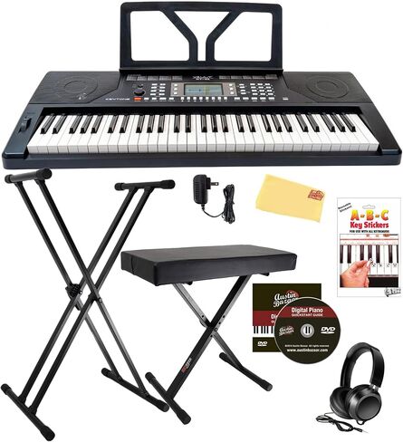 KT-61 Keytone Touch Touch Sensitive 61 مفتاح المفاتيح-حزمة سوداء سوداء مع حامل قابلة للتعديل ، مقعد ، سماعات الرأس ، ملصقات لوحة المفاتيح ، قرص DVD التعليمي أوستن بازار ، وقطعة قماش تلميع in Kuwait