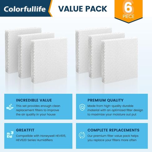 عبوة من 6 قطع من Colorfullife مرشح فتل مرطب للهواء من أجل Honeywell Top Fill Tower Humidifier HEV615, HEV620, مرشح بديل T in Kuwait