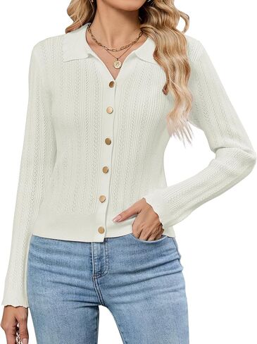 ZAFUL Women's Long Sleeve Cropped Cardigan Sweaters Lightweight 2025 Collared Open Front Button up Crochet Knit Outwear in Saudi Arabia