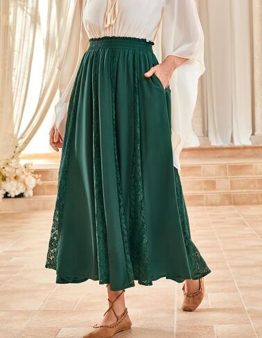 Scarlet Darkness Maxi Skirt for Women Boho Flowy Lace Patchwork Renaissance Long Skirts with Pockets in Saudi Arabia