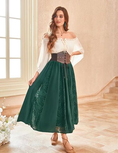 Scarlet Darkness Maxi Skirt for Women Boho Flowy Lace Patchwork Renaissance Long Skirts with Pockets in Saudi Arabia