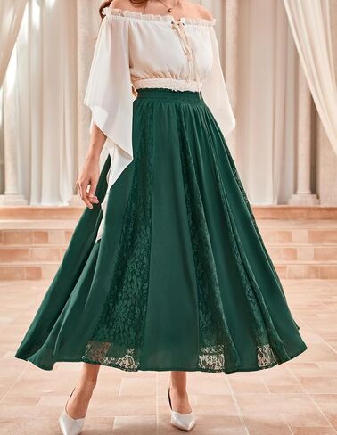 Scarlet Darkness Maxi Skirt for Women Boho Flowy Lace Patchwork Renaissance Long Skirts with Pockets in Saudi Arabia