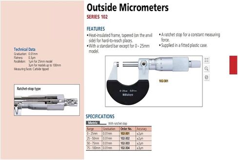Outside Micrometers,102-301 0-25mm,102-302 25-50mm,Graduation 0.01mm(102-301) in Kuwait