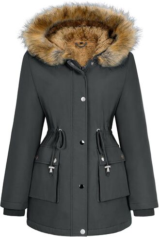 Womens Winter Coat Warm Thicken Puffer Jackets with Fur Hood Fleece Lined Parka Full-Zip Coat Overcoat in Kuwait