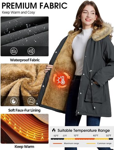 Womens Winter Coat Warm Thicken Puffer Jackets with Fur Hood Fleece Lined Parka Full-Zip Coat Overcoat in Kuwait