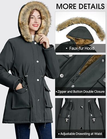 Womens Winter Coat Warm Thicken Puffer Jackets with Fur Hood Fleece Lined Parka Full-Zip Coat Overcoat in Kuwait