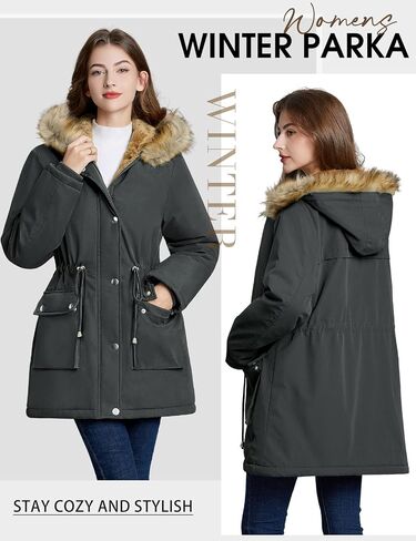 Womens Winter Coat Warm Thicken Puffer Jackets with Fur Hood Fleece Lined Parka Full-Zip Coat Overcoat in Kuwait