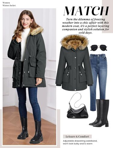 Womens Winter Coat Warm Thicken Puffer Jackets with Fur Hood Fleece Lined Parka Full-Zip Coat Overcoat in Kuwait