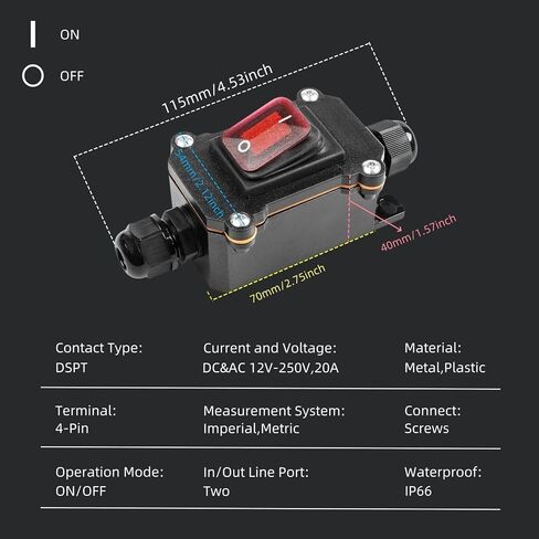 IP66 مضمّن بالماء مفتاح الحبل DPST 12V-24V/110V-250V | AC/DC Rocker Switch | في Off Off Outdoor Toggle Switch مع LED Red LED والدخول من جوانب in Kuwait