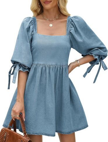 Denim Dress for Women Square Neck Jean Dress Puff Sleeve Babydoll Casual Denim Romper Outfit with Pockets in Saudi Arabia