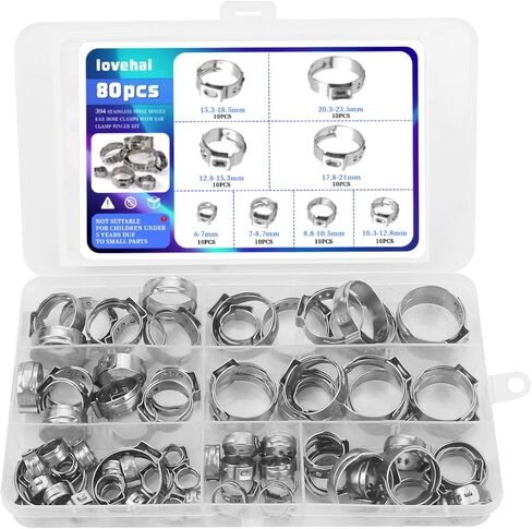 80Pcs 1/4"-15/16" 304 Stainless Steel Single Ear Hose Clamps Pex Pinch Clamp Assortment Kit, Crimp Pinch Fitting Tools Kit for Securing Pipe Hoses in Saudi Arabia