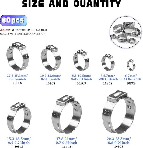 80Pcs 1/4"-15/16" 304 Stainless Steel Single Ear Hose Clamps Pex Pinch Clamp Assortment Kit, Crimp Pinch Fitting Tools Kit for Securing Pipe Hoses in Saudi Arabia