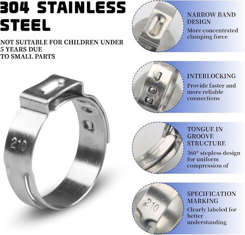 80Pcs 1/4"-15/16" 304 Stainless Steel Single Ear Hose Clamps Pex Pinch Clamp Assortment Kit, Crimp Pinch Fitting Tools Kit for Securing Pipe Hoses in Saudi Arabia