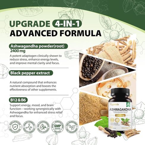 Ashwagandha Supplements 2400mg Organic with Black Pepper Vitamin B12 & B6 for Max Absorption Stress Relief Sleep Support & Athletic Performance for Men & Women 60 Capsules in Saudi Arabia