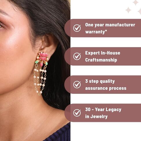 Tarinika Gold and Enamel Plating Jalaja Layered Pearl Hanging Drop Earrings with Floral Design - Indian Earrings for Women and Girls Perfect for Casual Occasions | Traditional Indian Jewelry for Women | 1 Year Warranty* in Saudi Arabia