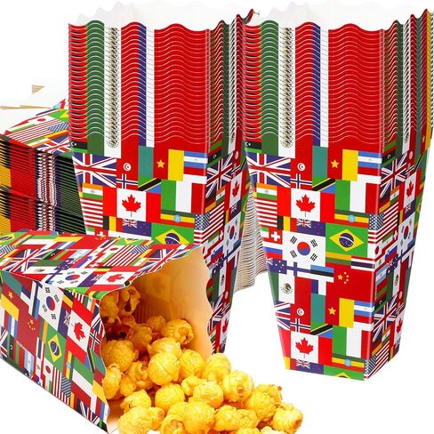 50 PCS International Flags Fopcorn Boxes for Movie Night ، في جميع أنحاء العالم حاويات ورق الفشار في العالم ، مستلزمات حفلات التقاعد متعددة الثقافات. in Kuwait