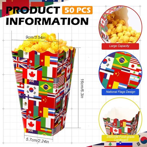 50 PCS International Flags Fopcorn Boxes for Movie Night ، في جميع أنحاء العالم حاويات ورق الفشار في العالم ، مستلزمات حفلات التقاعد متعددة الثقافات. in Kuwait