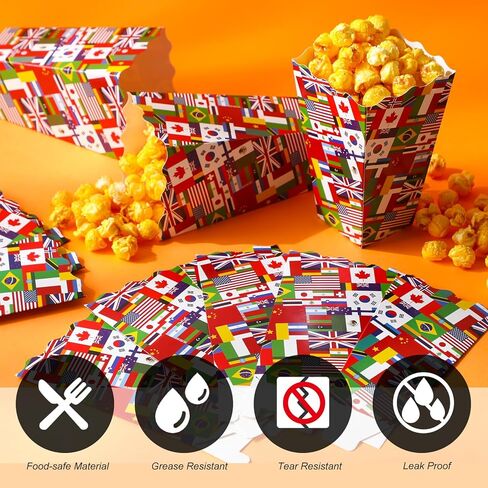 50 PCS International Flags Fopcorn Boxes for Movie Night ، في جميع أنحاء العالم حاويات ورق الفشار في العالم ، مستلزمات حفلات التقاعد متعددة الثقافات. in Kuwait