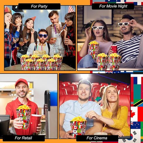 50 PCS International Flags Fopcorn Boxes for Movie Night ، في جميع أنحاء العالم حاويات ورق الفشار في العالم ، مستلزمات حفلات التقاعد متعددة الثقافات. in Kuwait