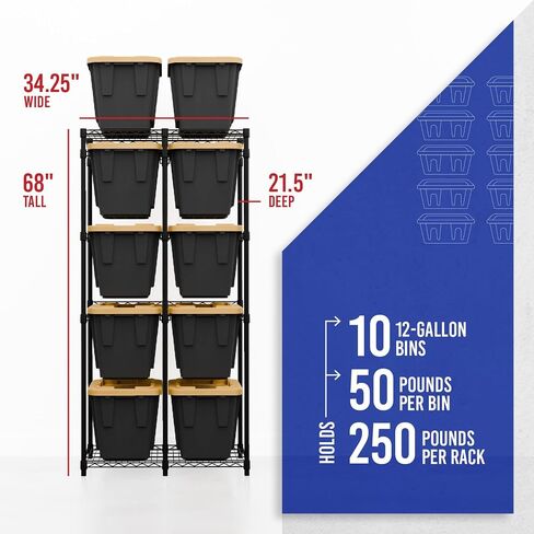 Bin Storage Rack for 12 Gallon Storage Totes – includes 10 Bins - Holiday Decoration Organization, Declutter, NSF Certified, Heavy Duty, Garage, Workspace, Metal, Steel, 21.5"x34.25"x68" (Black) in Kuwait