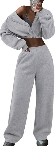 LovelyWholesale Sweatsuits Women 2 Piece Outfit Cropped Zip Up Hoodie and Sweatpants Sets in Saudi Arabia