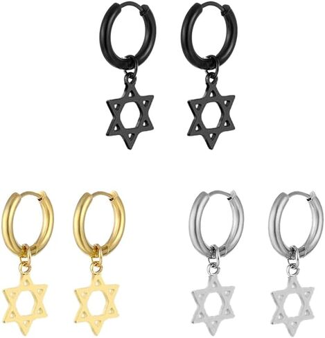 3 Pairs Set Stainless Steel Star of David Cross Hinged Hoop Earrings for Women Men in Kuwait