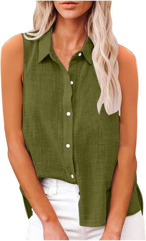 قمصان الكتان القطن للنساء بلا أكمام قمم بزر كبيرة الحجم أعلى بلوزات عمل قمصان الصيف غير الرسمية in Kuwait