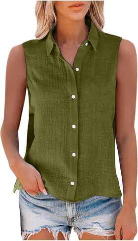 قمصان الكتان القطن للنساء بلا أكمام قمم بزر كبيرة الحجم أعلى بلوزات عمل قمصان الصيف غير الرسمية in Kuwait