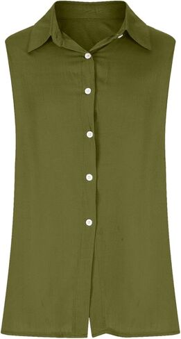 قمصان الكتان القطن للنساء بلا أكمام قمم بزر كبيرة الحجم أعلى بلوزات عمل قمصان الصيف غير الرسمية in Kuwait