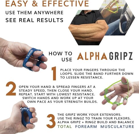 ALPHA GRIPZ Original Hand Grip Extensor Trainer Strengthener, Complete Forearm Exerciser Workout, Finger Resistance Bands for Strength, Tendonitis, Carpal Tunnel, Trigger Finger, Arthritis Relief in Saudi Arabia