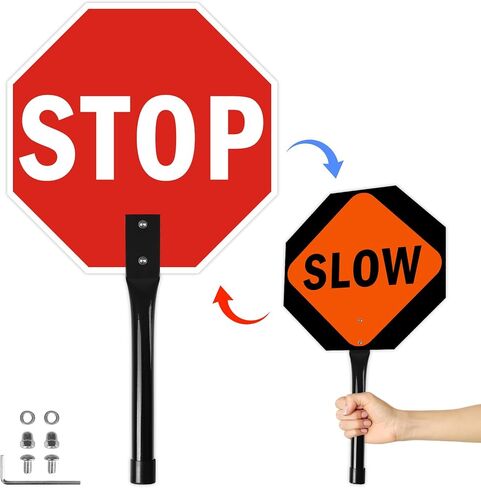Stop Slow Sign with Metal Handle,12 x 12 inches Double Sided Stop Slow Sign, Light Weight Steel Hand Held Traffic Reflective Aluminum Crossing Guard Stop Sign, Easy to Mount in Kuwait