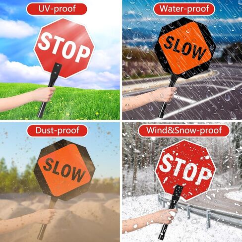 Stop Slow Sign with Metal Handle,12 x 12 inches Double Sided Stop Slow Sign, Light Weight Steel Hand Held Traffic Reflective Aluminum Crossing Guard Stop Sign, Easy to Mount in Kuwait