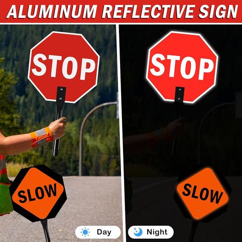 Stop Slow Sign with Metal Handle,12 x 12 inches Double Sided Stop Slow Sign, Light Weight Steel Hand Held Traffic Reflective Aluminum Crossing Guard Stop Sign, Easy to Mount in Kuwait