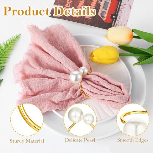 50 Pcs Pearl Napkin Rings, Gold Napkin Ring Holders Elegant Delicate Serviette Ring Buckle for Wedding Gathering Birthday Banquet Party Business Dinner Formal or Casual Dining Table Decor in Saudi Arabia
