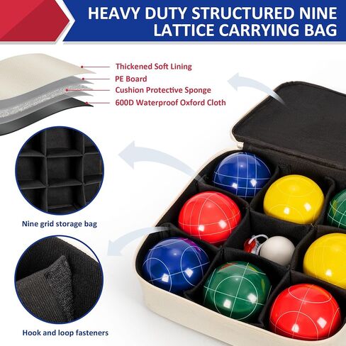 ropoda 107mm Bocce Ball Set Regulation Size and Weight with 8 Resin Bocce Balls, Resin Bocci Balls for Professional Tournament Competition, 60mm Pallino, Nine-Grid Shockproof Carrying Bag(2-8 Players) in Kuwait