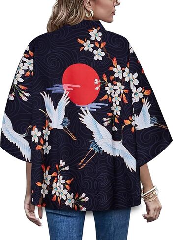 LAI MENG FIVE CATS Women's 3/4 Sleeve Loose fit Cardigan Jacket Japanese Style Kimono Cover up in Kuwait