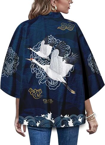 LAI MENG FIVE CATS Women's 3/4 Sleeve Loose fit Cardigan Jacket Japanese Style Kimono Cover up in Kuwait