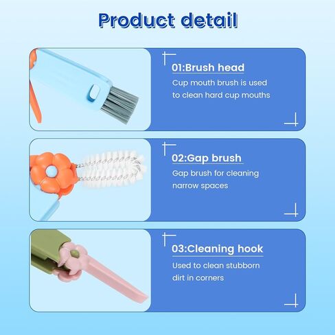 6pcs كوب فرشاة تنظيف فرشاة الزجاجة متعددة الوظائف ، فرشاة منظف ، 180 درجة قابلة للتدوير ، فرشاة تنظيف الفجوة ، مجموعة منظف CREVICE CLECTABLE 3 ألوان كوب منظف لتنظيف الزجاجة in Kuwait