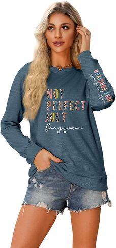 Not Perfect Just Forgiven Christian Graphic Sweatshirt For Women, Inspirational Bible Verse Long Sleeve Tops in Saudi Arabia