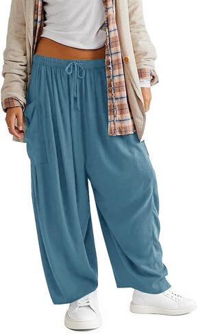 Womens Linen Wide Leg Palazzo Pants Casual Loose Elastic Drawstring Summer Beach Vacation Harem Pants with Pockets in Kuwait
