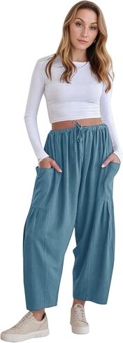 Womens Linen Wide Leg Palazzo Pants Casual Loose Elastic Drawstring Summer Beach Vacation Harem Pants with Pockets in Kuwait