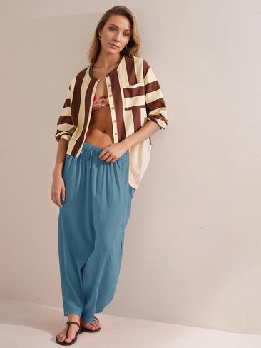 Womens Linen Wide Leg Palazzo Pants Casual Loose Elastic Drawstring Summer Beach Vacation Harem Pants with Pockets in Kuwait